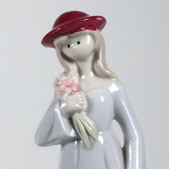 Vintage Ceramic Figurine Woman In Red Hat Holding Flowers 7" Tall Floral Details - Picture 2 of 8